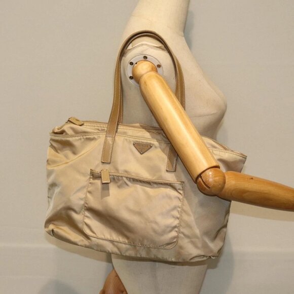 PRADA Tote Bag Nylon Beige Auth 75668 - Picture 1 of 14